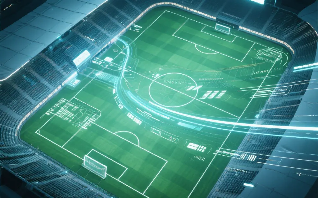 体育场上空的航拍视角与HUD数据叠加效果，未来感影像