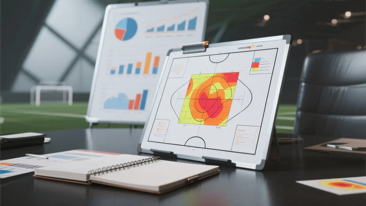 世界杯战术板与数据图表叠加的分析场景插画